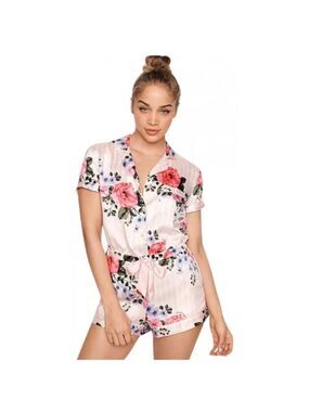 Victoria's Secret Light Pink Floral Satin Romper Pajamas Size XL